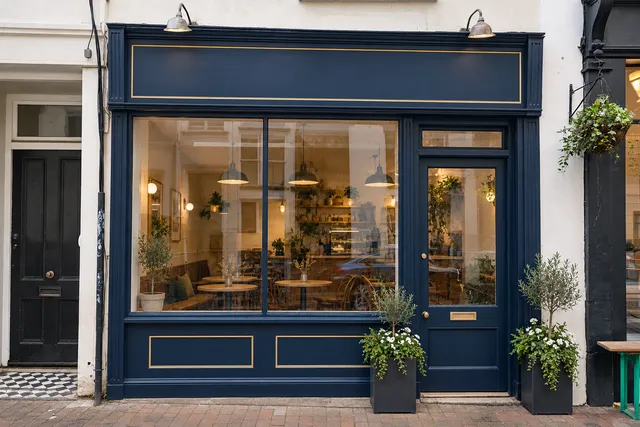 The same shopfront painted deep navy with a gold-lined fascia and planters by the door.