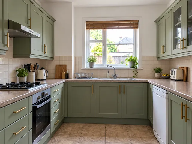 The same kitchen with sage-green painted cupboards and brass handles.