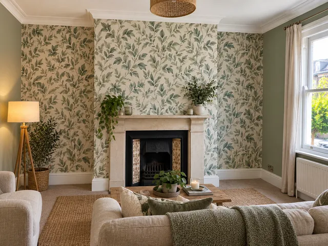 The same living room with a leaf-pattern wallpaper feature wall and soft green walls.