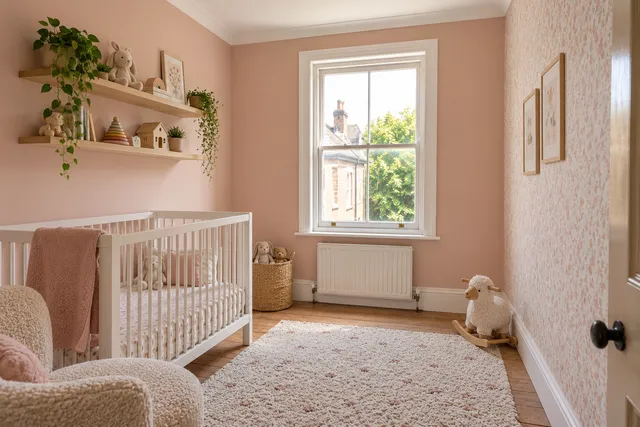 The same room as a nursery with blush pink walls, a patterned wallpaper wall and a white cot.