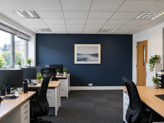 The same office with clean ceiling tiles, white walls and a navy feature wall.