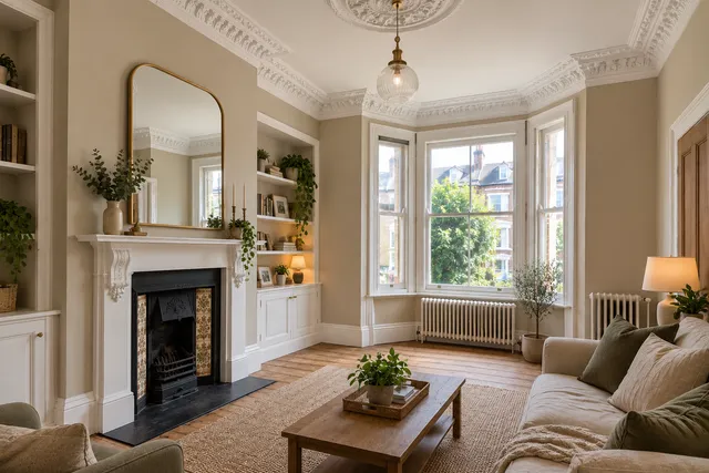 The same room with a restored white fireplace and cornicing and warm stone-coloured walls.